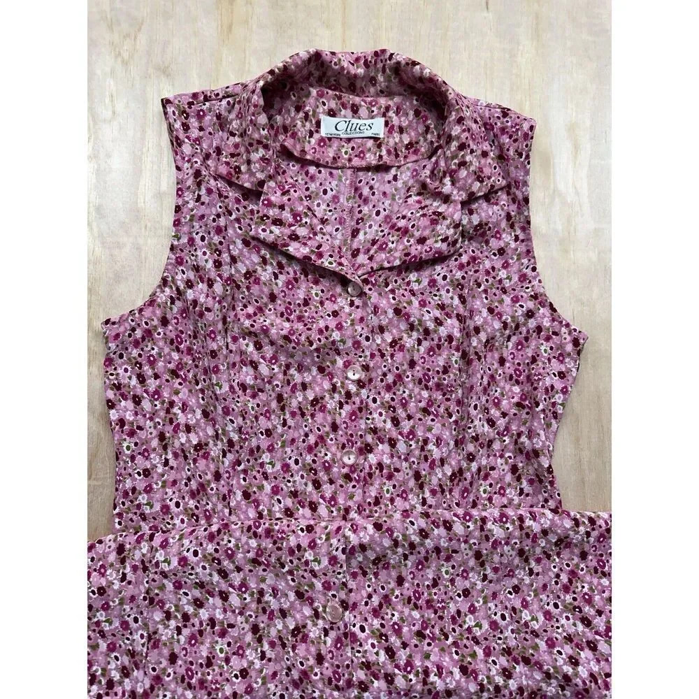Floral Pink Button Down Sleeveless Dress Parisian Style Vintage - Picture 2 of 6